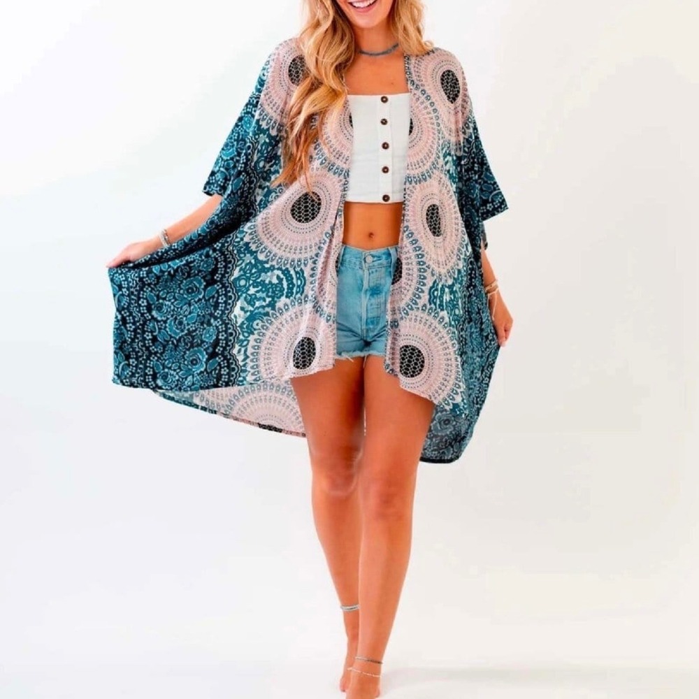 Lotus and Luna Koh Samui Blue Pink Mandala Open Kimono Boho Thailand Coverup OS